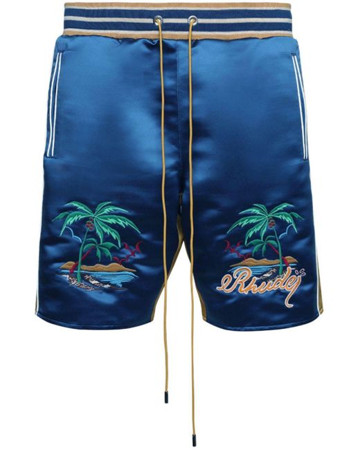 Rhude Palm Eagles Satijnen Shorts in het Blue voor heren