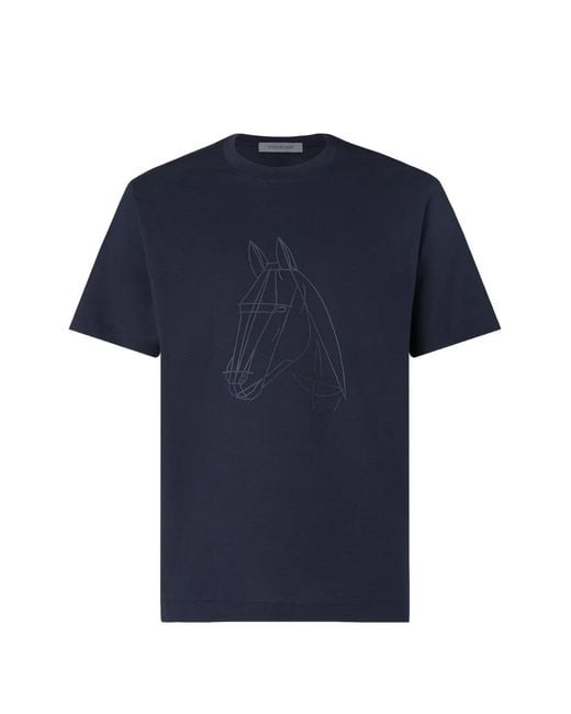 Corneliani Blue Horse-Print T-Shirt for men