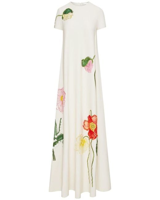 Oscar de la Renta White Painted Poppies Floral-embroidered Maxi Dress