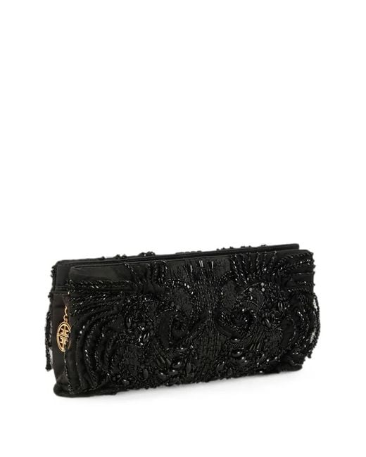 Elisabetta Franchi Black Bead-Embroidered Satin Clutch Bag