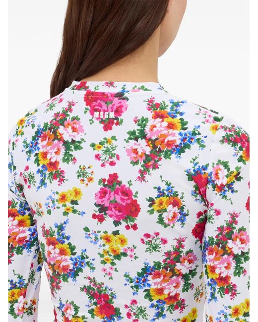 MSGM White Floral-Pattern T-Shirt