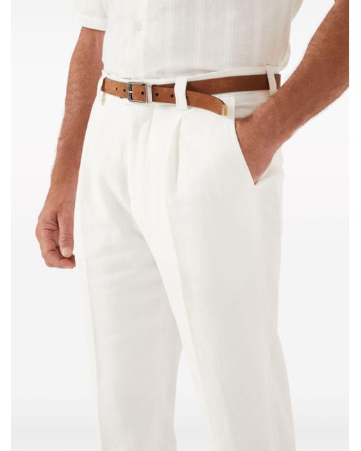 Brunello Cucinelli White Pleat-detailing Linen Tapered Trousers for men