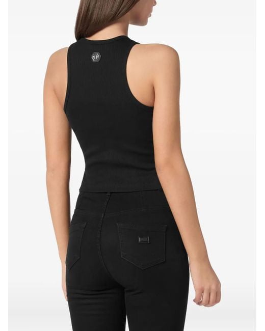 Philipp Plein Black Fringe-Detail Ribbed Crop Top By
