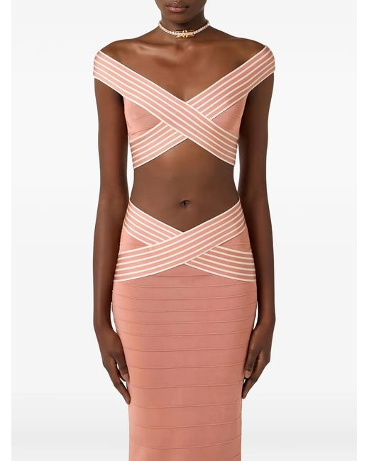 Elisabetta Franchi Pink Knit Fabric Top With Striped Bands