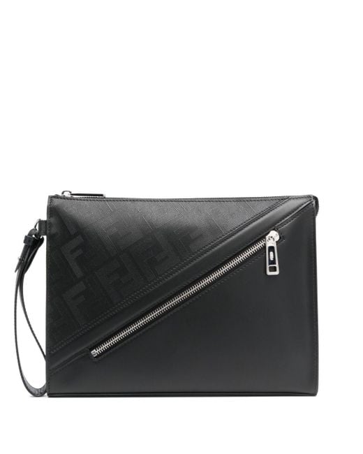 Fendi Black Shadow Diagonal Leather Clutch Bag for men