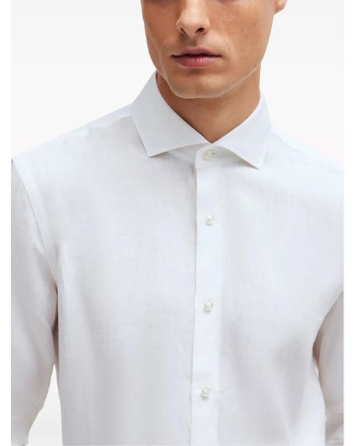 Boss White Spread-Collar Linen Shirt for men