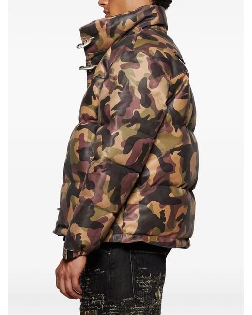 THUG CLUB Brown Camouflage-Pattern Leather Puffer Jacket for men