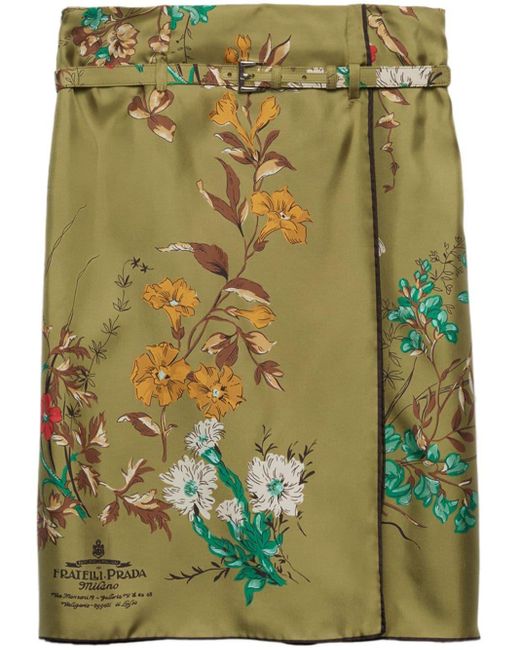 Prada Green Floral-print Silk Midi Skirt