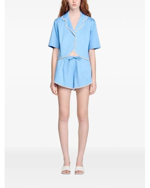 Sandro Blue Beaded Trim Cotton Shorts