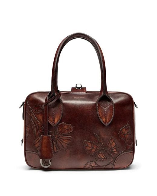 Golden Goose Deluxe Brand Brown Vita Bag With Flower Embroidery And Ruthenium Metal Detai