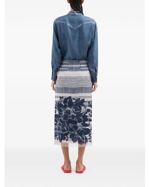 Pierre Louis Mascia Blue Aloe Fringed Floral Wrap Midi Skirt