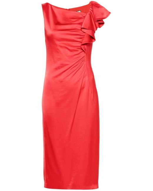 Nissa Red Draped-detailing Satin Midi Dress