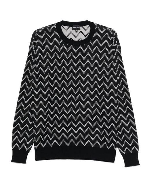 Giorgio Armani Black Cotton-Cashmere Jacquard Zigzag Sweater for men