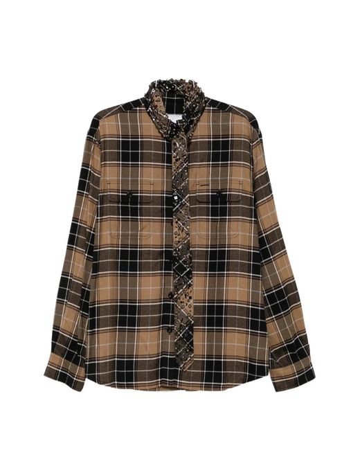 Sacai Brown Check-Pattern Embellished-Tie Shirt for men