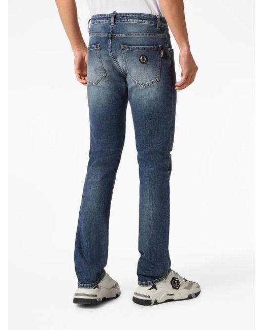 Philipp Plein Blue Logo-Patch Straight-Leg Jeans for men