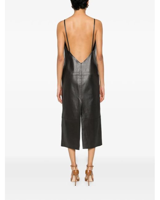 Erika Cavallini Semi Couture Black Augusta Leather V-Neck Midi Dress