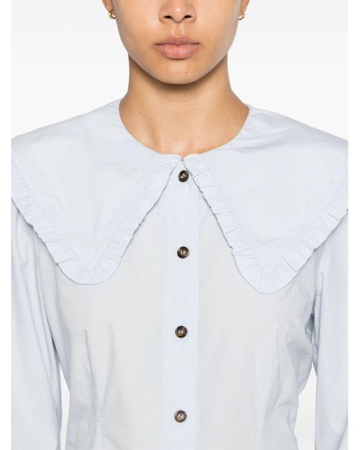 Ganni Blue Puritan-collar Cotton Shirt