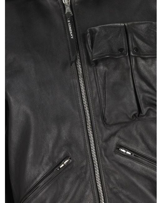 C P Company Black Goggle-Detail Leather Jacket for men