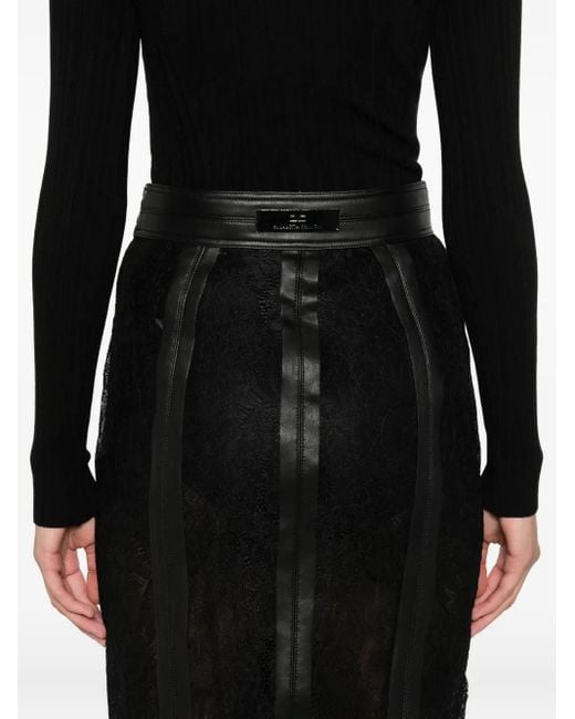 Elisabetta Franchi Midi-Rok Met Leren Afwerking En Kant in het Black