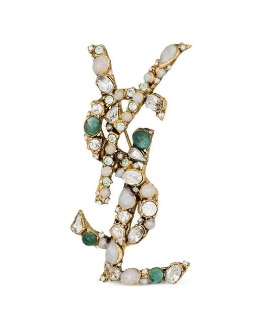 Saint Laurent White Cassandre Crystal-Embellished Brooch