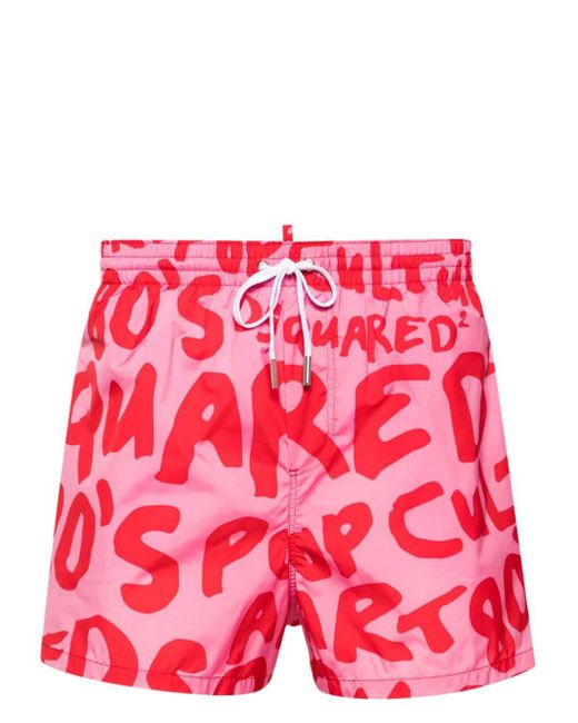 DSquared² Red Logo-print Drawstring Swim Shorts for men