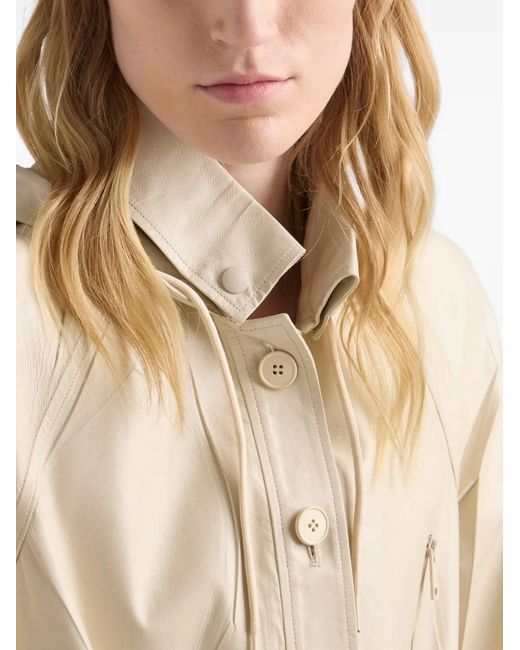 Prada Natural Hooded Nappa Leather And Fabric Coat