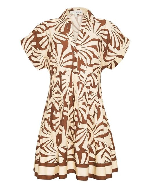 Cara Cara White Nash Leaf-Print Pleated Mini Dress