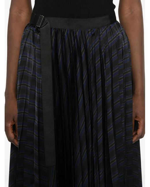 Sacai Black Pleated Striped Midi Skirt