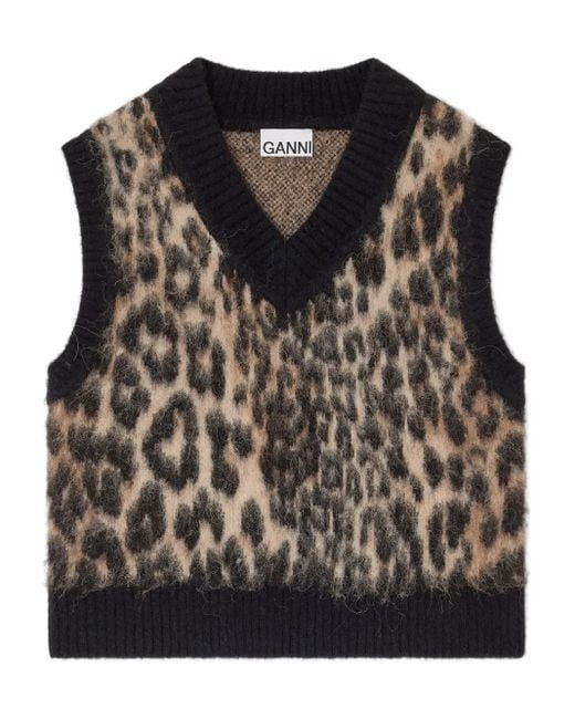 Ganni Black V-Neck Leopard-Print Vest