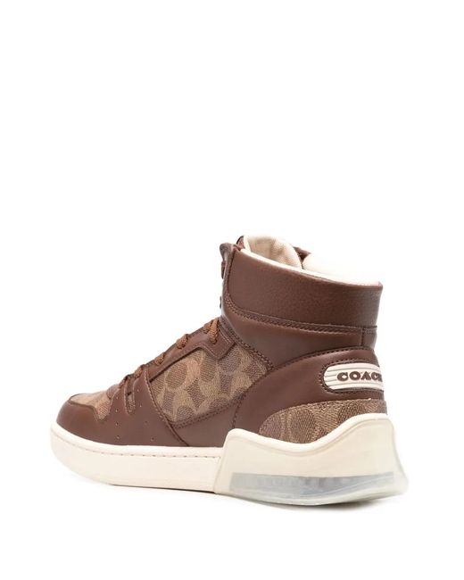 COACH Brown Side Logo-Patch High-Top Sneakers for men