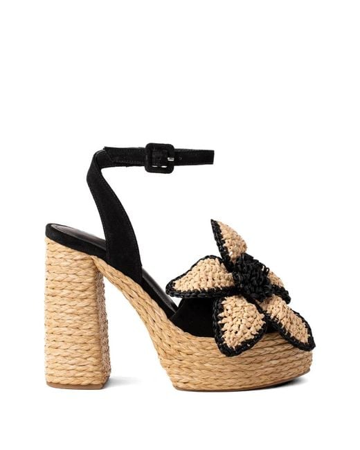 Paloma Barceló Black Tracy Floral-Appliqué Raffia-Sole Sandals