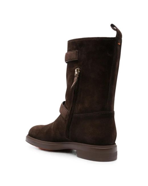 Santoni Brown Buckle-Strap Suede Boots