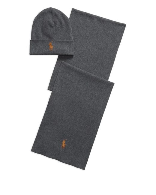 Polo Ralph Lauren Gray Embroidered-Logo Beanie Scarf Set for men