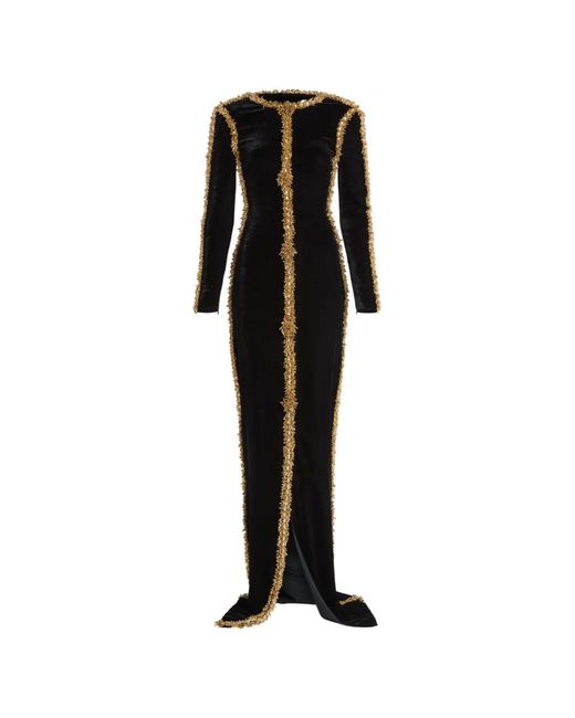 Balmain Black Long Velvet Dress With Embroidered Trim