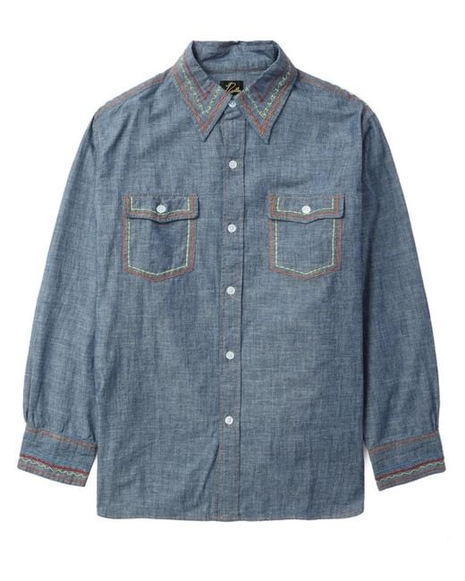 Needles Blue Contrast-Stitching Denim Shirt for men