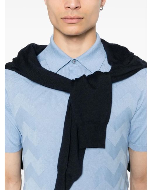 Kiton Blue Chevron-Detail Fine Ribbed Polo Shirt for men