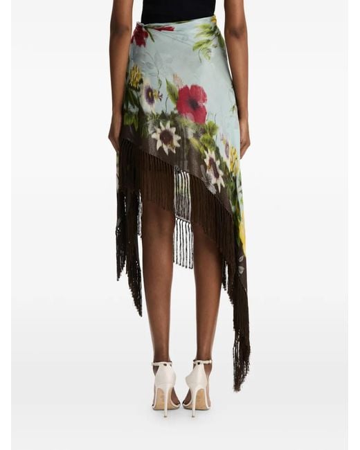 Oscar de la Renta Green Dominican Mixed-Floral Fringe Skirt