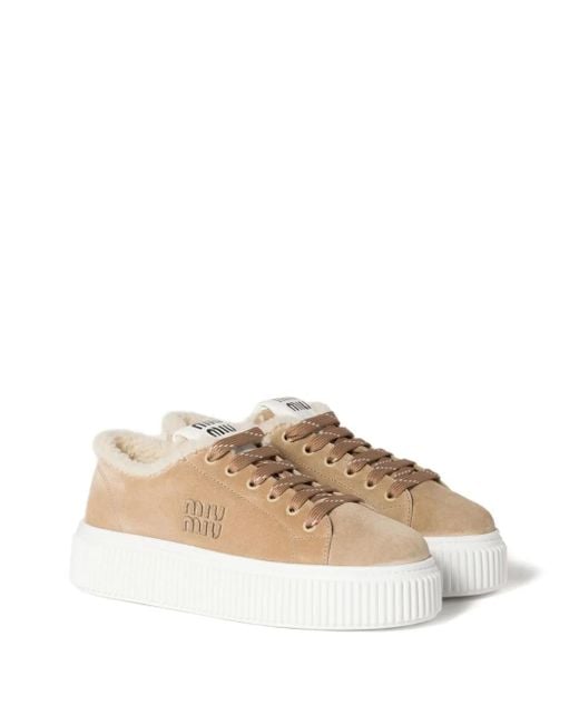 Miu Miu Natural Logo-Embroidered Suede Sneakers