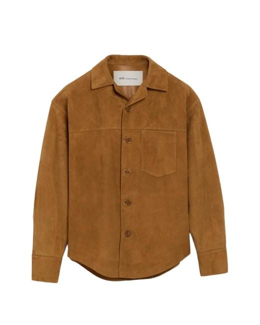 AMI Gray Suede-Finish Button-Up Jacket for men