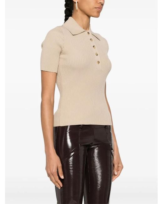 Courreges Natural Logo-Patch Ribbed Polo Top