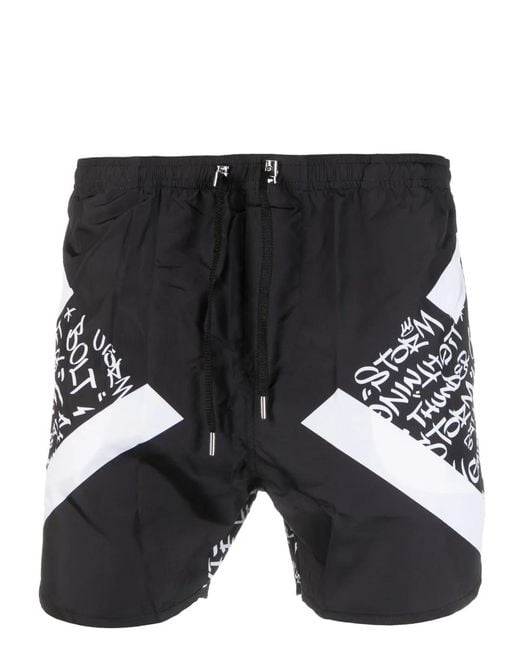 Neil Barrett Black Calligraphy-Print Drawstring Swim Shorts for men