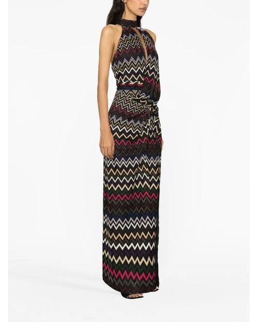 Missoni Black Zig Zag Pattern Halter Neck Long Dress