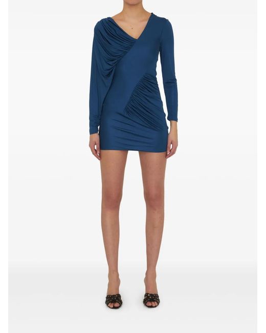 Saint Laurent Blue V-Neck Draped Minidress