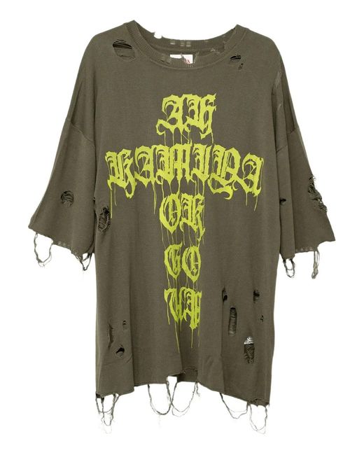 KAMIYA Green Cross-Print Distressed T-Shirt for men