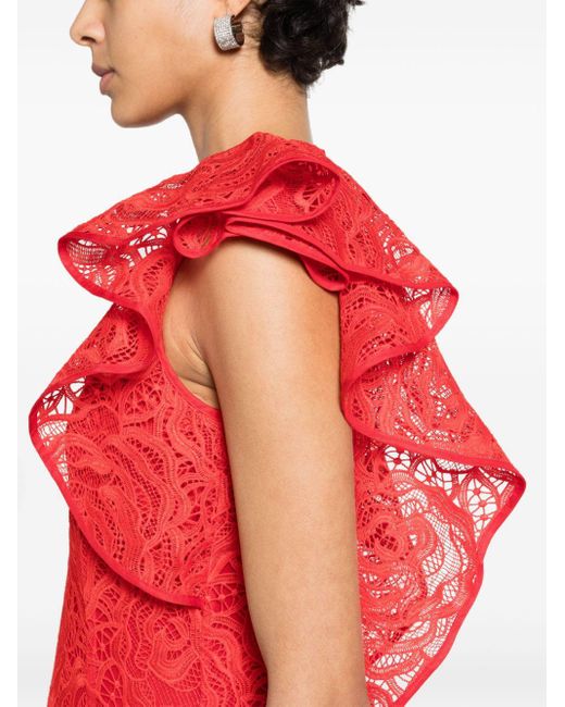 Huishan Zhang Red Ruffled Guipure-lace Gown - Women's - Polyester/silk