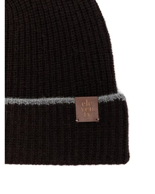 Eleventy Black Logo-Patch Ribbed-Knit Beanie Hat for men