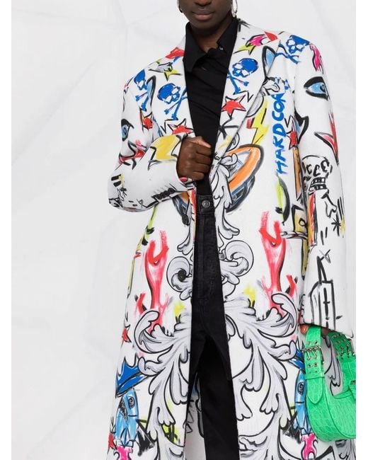 Philipp Plein Blue Agnelli Graffiti-Print Single-Breasted Coat