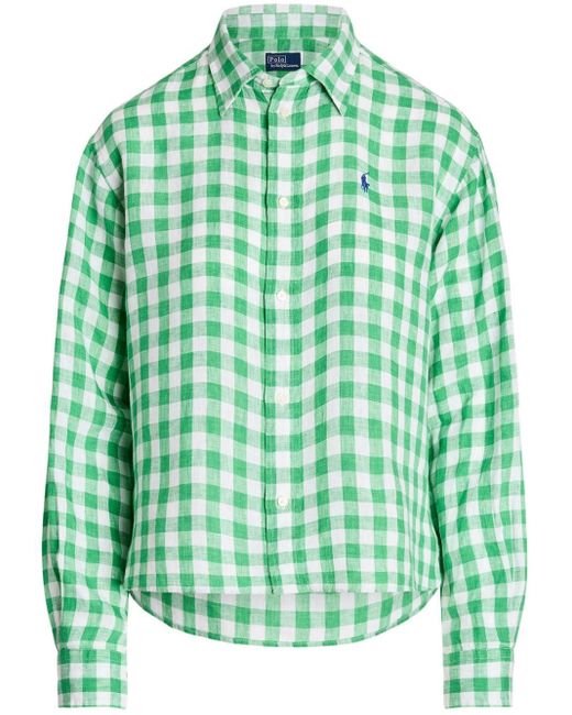 Polo Ralph Lauren Green Gingham-print Linen Shirt