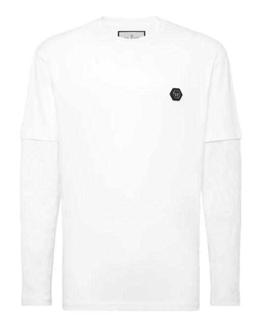 Philipp Plein White Double-Sleeved Jacquard-Crest T-Shirt for men