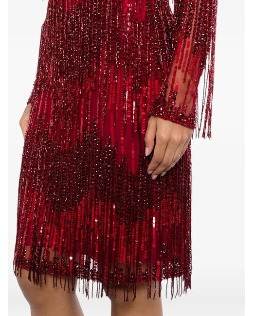 Naeem Khan Red Beaded-Fringe Dress